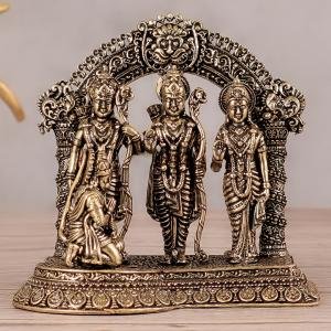 Pure Brass Ram Darbar Idol | 4" x 4" x 2.5" (10.16 x 10.16 x 6.35 cm) | 0.3 kg Superfine Intricate Carving | Compact Sacred Art | Divine Family